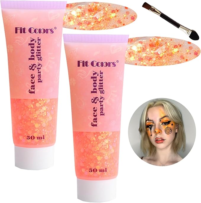 Body Glitter Face Glitter Gel: Singer Concerts Disco Festival Rave Accessories Face Glitter Makeup 100ml Chunky Sequins Mermaid for Party Cosplay Halloween (2 Orange)