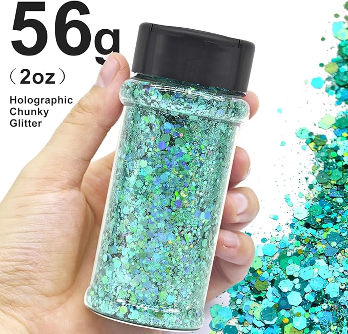 Green Blue Mermaid - Craft Glitter - 2oz Glitter Shaker Bright Colorful Holographic Mix Chunky Body Glitter Bulk Wholesale 24 Colors in Shaker Cosmetic Glitter - EBLB702