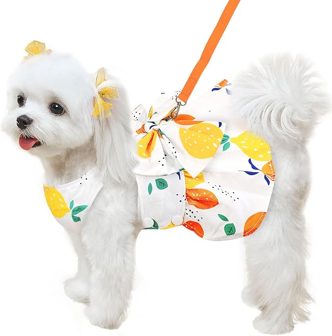 ABRRLO Cute Dog Dress Small Dog Clothes for Girls Female Puppy Outfits Yellow Lemon Pet Summer Clothes Bowknot Doggy Cat Princess Dress Harness for Holiday Birthday Party Costume Clothing(Yellow,M)