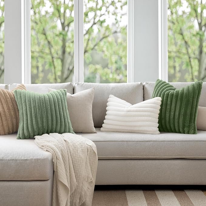 MIULEE Faux Fur Lumbar Throw Pillow Covers 12x20 Set of 2 Moss Green | Modern Soft Plush Couch Pillows, Cozy Fluffy Cushion Covers for Sofa Bed Living Room Home Decor