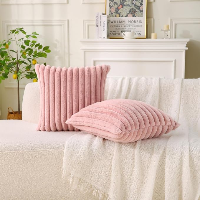Decorative Throw Pillow with Inserts, Set of 2 Soft Faux Fur Throw Pillows, Square Boho Striped Pillow for Couch, Bed, Sofa Decor (Pink, 16" x 16"(Pack of 2))
