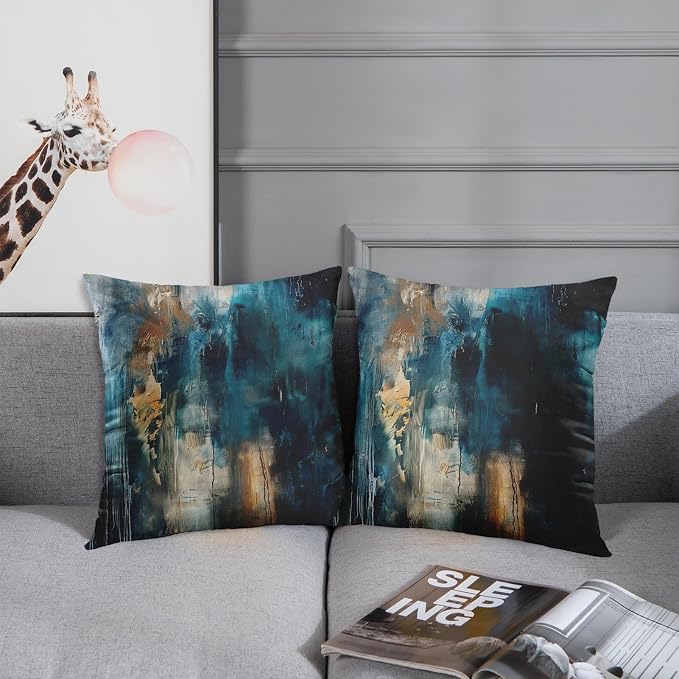 Throw Pillow Covers Set of 2, 20 x 20 Inch, Teal Black | Abstract Modern Art Outdoor Decorative Square Pillow Cases Couch Cushion Case for Couch Bed Sofa Living Room Home Decor