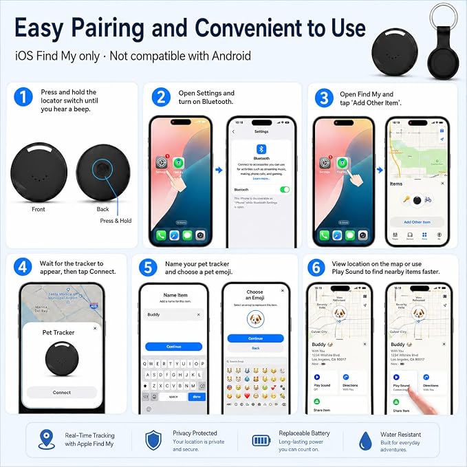 Pet GPS Tracker for Dogs, Compatible with Apple Find My(iOS Only), No Monthly Fee, IP67 Waterproof Anti-Lost Locator, 12-Month Battery, Includes Silicone Collar Holder & Tactical Dog Collar
