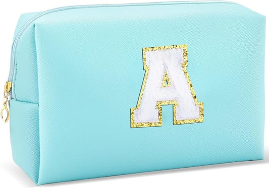 URSKYTOUS Gifts for Girls Initial Makeup Bag Personalized Cosmetic Bag with Zipper Cute Travel Toiletry Bag Waterproof PU Preppy Makeup Pouch Birthday Gift for Teen Girls Women(Blue A)