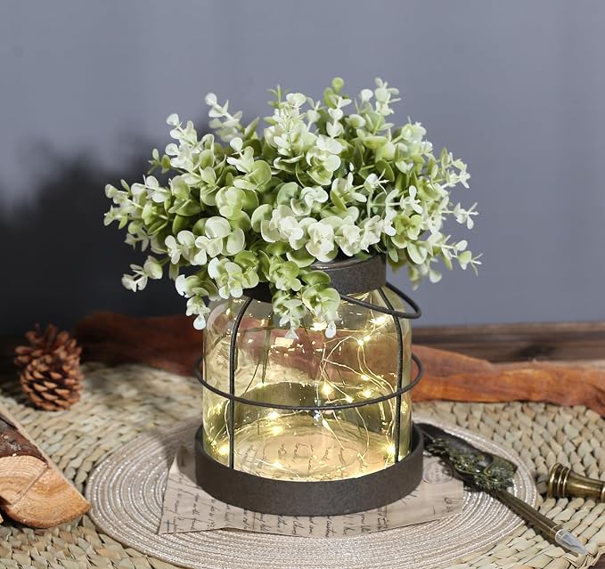 Dnnnii Vintage Glass Farmhouse Vase - Handmade Rustic Lantern Planter with Bonus Artificial Flowers & LED Lights (Home Decor Centerpiece), Farmhouse Wedding/Easter Decor, Housewarming Gift