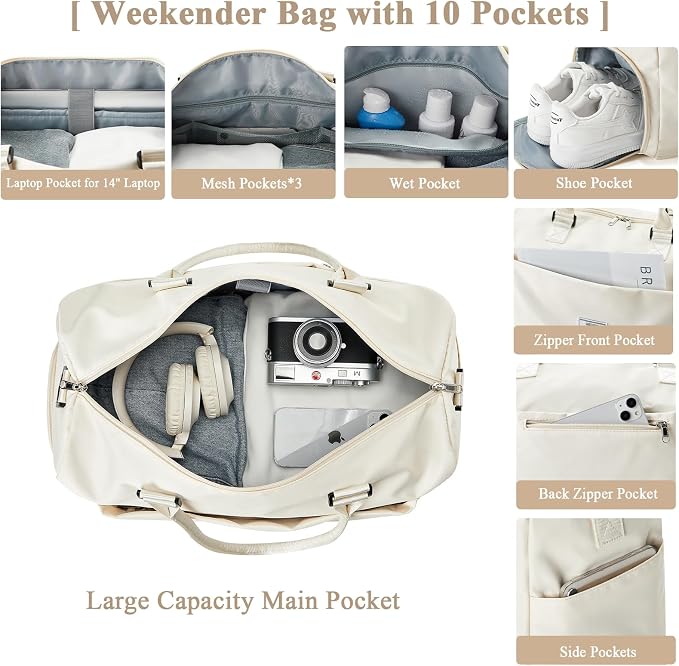 Travel Duffel Bag, Carry On Overnight Weekender Bags for Women | Travel Bag with Wet Pocket & Trolley Sleeve, For Spirit Airlines 18x14x8 Personal Item Bag