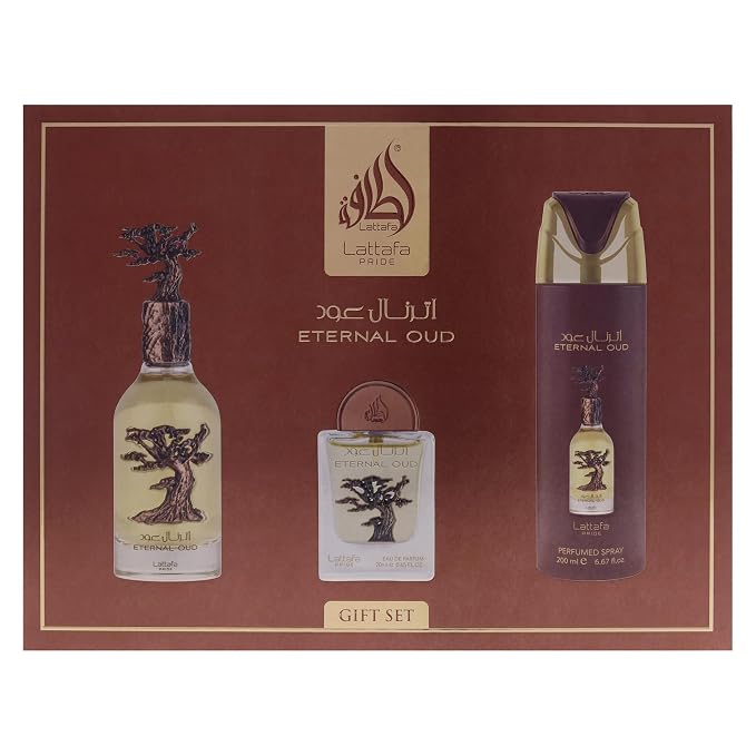 Lattafa Pride - Eternal Oud for Men - 3 Pc Gift Set 3.4oz EDP Spray, 6.67oz Perfumed Body Spray, 0.67oz EDP Spray