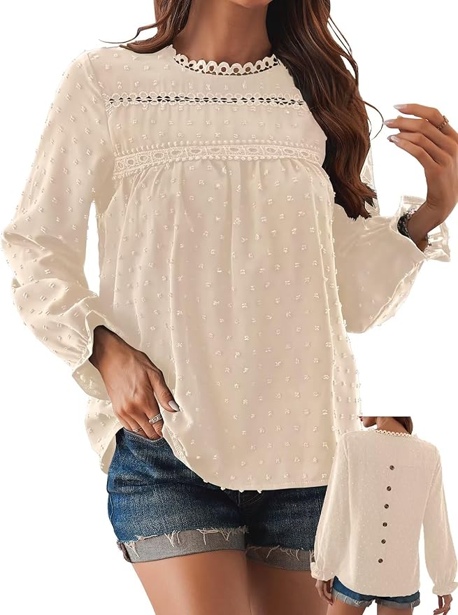Womens Boho Tops Long Sleeve Shirts For Women Cute Crewneck Blouse Dressy Casual Swiss Dot Crochet Hollow Top 2026
