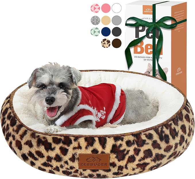 Zerbuger 23in Leopard Round Dog Bed Sofa for Dogs Cats, Machine Washable | for Small/Medium/Large Dogs Cats, Foam Pet Couch with Removable Mat Non-Slip Bottom, Pet Cuddler for Indoor/Outdoor/Car/Cage
