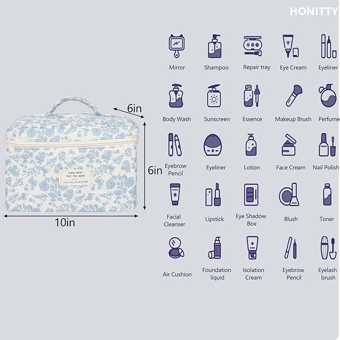 honitty Makeup Bag,Quilted Cosmetic Bags,Large Floral Make Up Bags for Women, Makeup Organize,Flower Travel Toiletry Bag