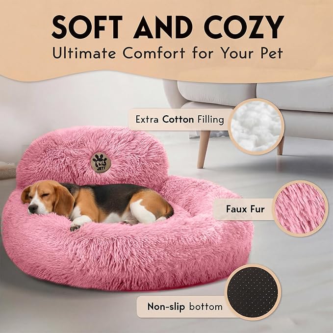 PetJett Calming Medium Dog Bed - 30'' Round Dog Beds, Anti-Slip & Washable Super Soft Fluffy Plush Donut Bed, Anti-Anxiety Premium Comfort Pet Bed, Fits Dogs up to 45 lbs - Pink