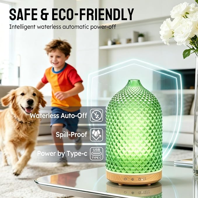 Essential Oil Diffuser, 3D Diamond Glass Aromatherapy Diffuser with Ultrasonic Cool Mist, 7 Color LED Lights, 1/2/4H Timer, Quiet Auto Shut-Off Oil Diffuser for Bedroom, Home, Office (Green)