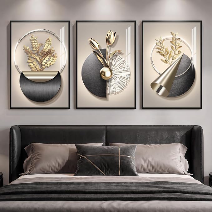 Framed Modern Elegant Luxury Gold Wall Art, 3 Piece 20x30 In | Abstract Geometric, Gold floral, Crystal coating, Wall art for living room, bedroom, dining room
