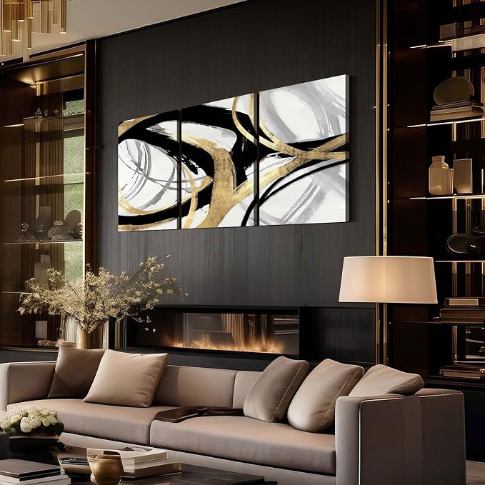 3Pcs Framed Abstract Wall Art Gold Black and White Lines Picture Canvas Prints Modern Line Prints Living Room Bedroom Office Poster Gallery Home Decor 16x24 Inch Ready to Hang