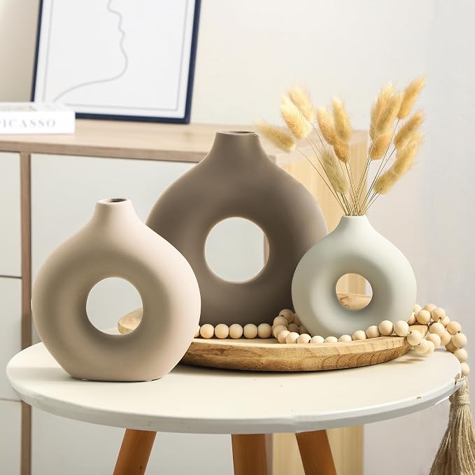 Vanselia Ceramic Vase Home Table Decor - Flower Vases Set of 3 Small Living Room Centerpiece Decorations for Shelf Bedroom Office Kitchen Dining Desk Modern Aesthetic Farmhouse Decorative (Farmhouse)