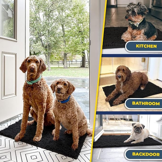 Muddy Mat® | Super Water Absorbent Door Mat Indoor, Microfiber Quick Dry Chenille Entryway Rug, Slip Resistant Front Door Mat, Indoor Mats for Entryway, Machine Washable Pet Rug, Black 36"x120"