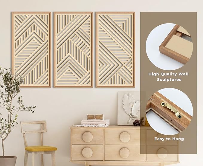 IARTTOP Large Boho Wooden Wall Art 16x32 Inch Framed Mid Century Modern Wood Wall Decor Minimalist Modern Bohemian Decor for Dining Room Living Room Bedroom Set of 3