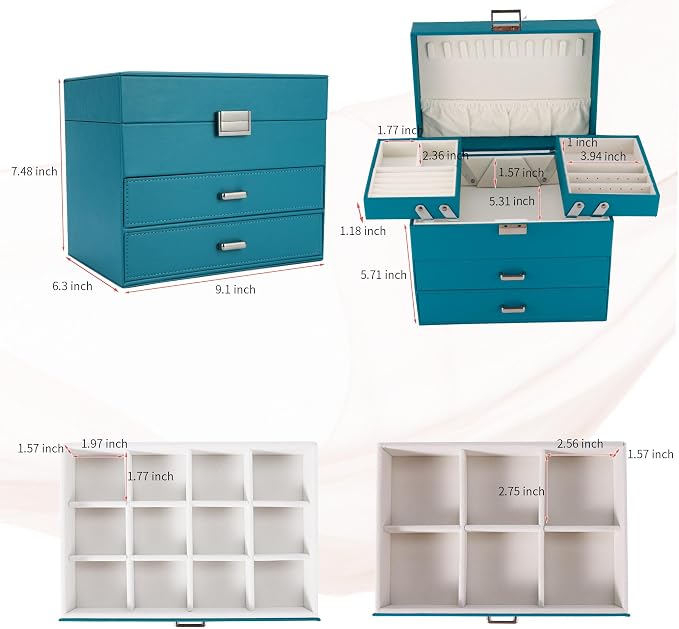 Jewelry Organizer Box, Large Jewelry Boxes for Girls, Space-Saving 4 Layers Jewelry Storage Case with Drawer, Gift for Women, PU Leather, Movable Metal Stand, Modern (Blue)