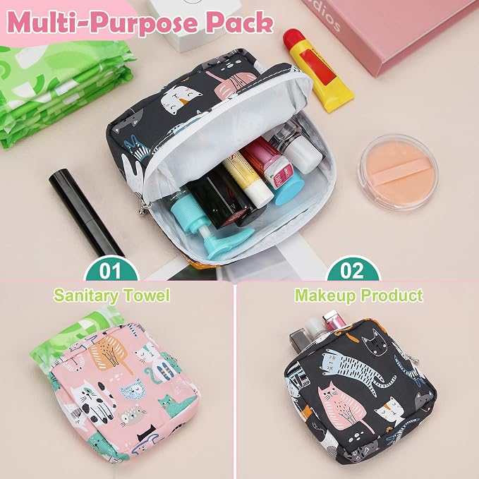 Sanitary Pad Storage Bag Portable Period Bag for Teen Pads/Sanitary Napkins/Small Tampons, Sanitary Napkin Storage Bag First Period Gifts for Teen Girls (Purple Bowknot Cat)