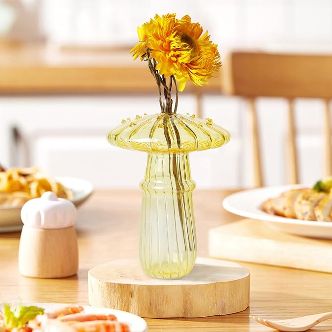 Mushroom Shaped Glass Vase, Planters Clear Hydroponic Vase, Flowers Plants for Decorative Centerpiece,Table Decor,Home Wedding Party (Yellow)