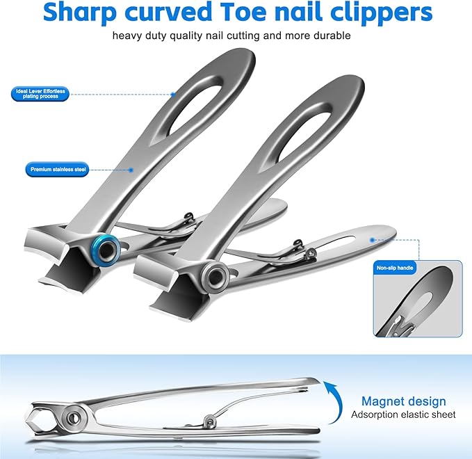 Heavy Duty Nail Clippers for Thick Toenails, Extra Large Toenail Clippers for Thick Nails, Curved & Straight Nail Cutter and Straight Nail Clipper Set, Silver