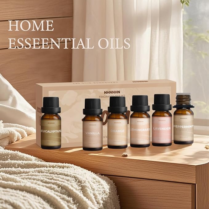 Essential Oils for Diffuser and Home, Top 6 Aromatherapy Oils Gift Set, Pure Aromatherapy Diffuser Oil with Eucalyptus, Peppermint, Lavender, Vanilla, Orange, Lemongrass