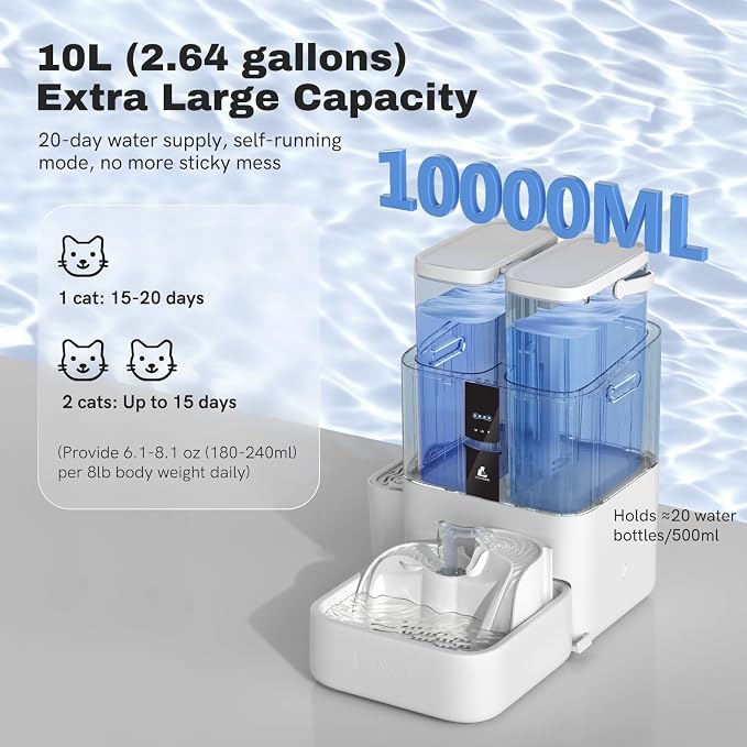Automatic Cat Water Fountain 10L/338 oz Self Filling, Pet Drinking Fountains Dogs, Smart Bowl 5G WiFi Filtered Water Dispenser Easy Cleaning Oxygen-Rich, Wastewater Separate, No Slime, Quiet