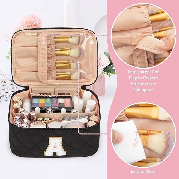 OCHEAL Makeup Bag Valentines Day Gifts for Women, Monogram Cosmetic Bag Black Travel Makeup Case Beauty Toiletry Bag Organizer Personalized Gifts for Girls Bridesmaid, Sister, Wife, Friends Initial A