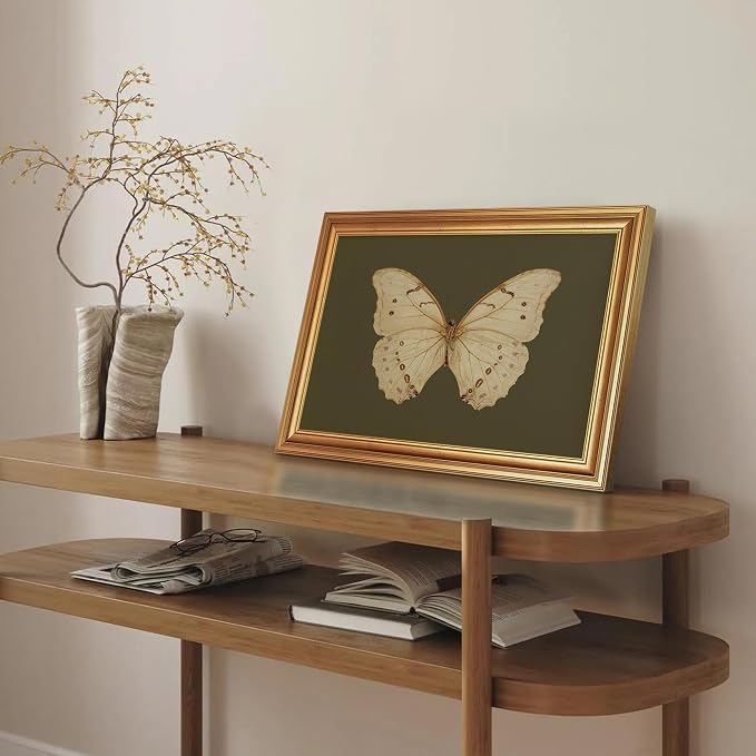JLTULT Gold Framed Butterfly Wall Art, Dark Green Canvas, 12 x 16 Inches | Ivory butterfly art on fade-resistant dark green canvas with a ready-to-hang gold-tone PS frame for bedrooms and offices