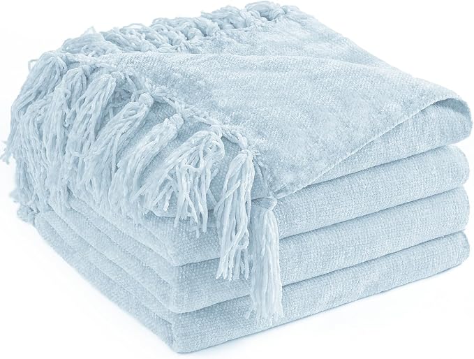Chenille Throw Blanket for Couch 50" x 60", Light Blue | Soft Cozy Warm Throws with Fringe Tassel, for Living Room Bed Sofa Chair Cover, Lightweight Knitted Decorative Boho Blankets