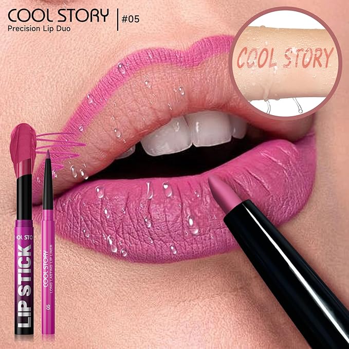 2 Piece Lip Liner and Lipstick Set, Long Lasting Formula, Professional Makeup Kit (05)