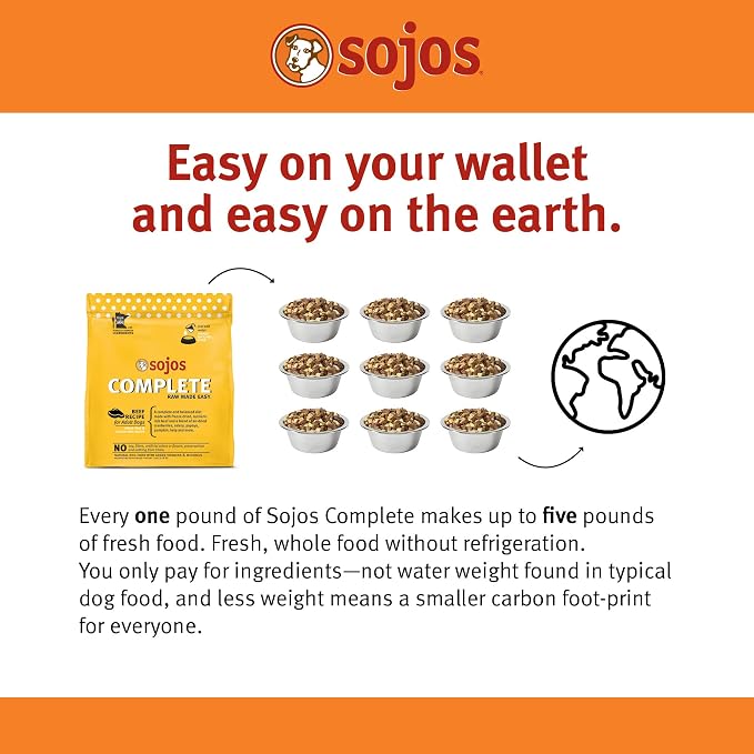 Sojos Complete Freeze Dried Raw Adult Dry Dog Food, Grain Free, Natural, Beef Recipe, 1.75 lb Bag