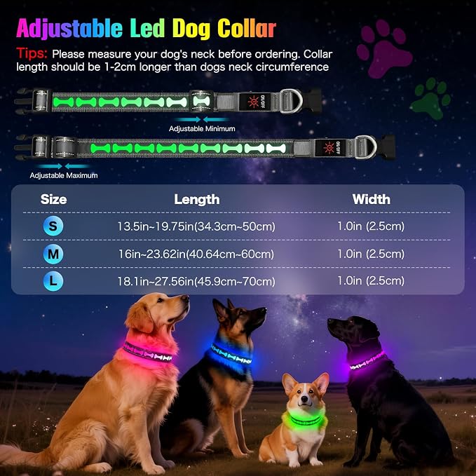 Flashseen LED Dog Collar Light up USB Rechargeable, 7-Color Glow, Grey, L