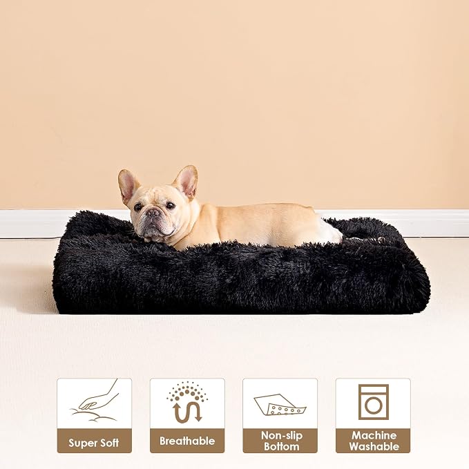 EHEYCIGA Fluffy Dog Crate Bed for Small Dogs, Plush Crate Pad, Black | Calming Anti Anxiety Small Dog Bed, Washable Soft Warm Faux Fur Crate Mat with Non-Slip Bottom