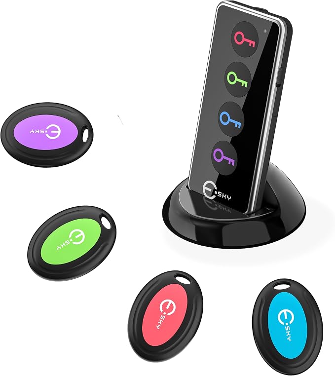 Esky Key Finder Locator with 80dB Noise Sound Item Trackers 4 Receivers | Wireless Key Finders with 131ft Range Beeper Tags & Flashlight for Finding Keys Wallet Remote Control Pet Phone