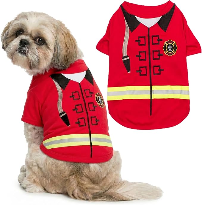 Parisian Pet Dog Costume - 100% Cotton Firefighter Dog Clothes for Medium Dogs - Lightweight Puppy Outfits - Funny Schitzu Clothes - Sleeved Red Shirt for Dogs - Stretchy and Stylish Pet Costume