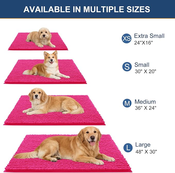 OLANLY Dog Door Mat for Muddy Paws 36x24, Extra Absorbent Chenille Mud Mat | Hot Pink, Absorbs Moisture and Dirt, Non-Slip Machine Washable Doormat, Quick-Drying Indoor Entryway Floor Mat for Dogs