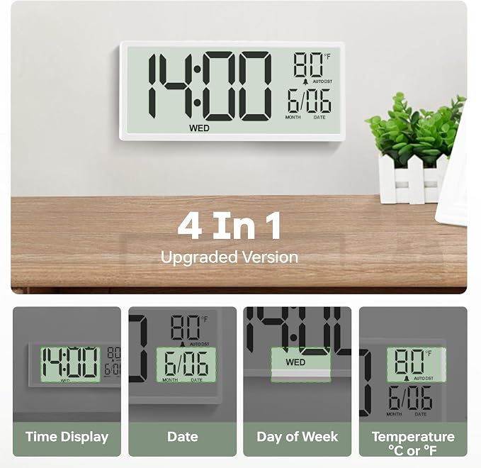 JALL Large Digital Wall Clock Battery Operated, Wall Clock with Big Numbers LCD Display, Digital Clock with Simultaneous Date Day Temperature, Auto DST, Clocks for Office, Gym, Bedroom, Elderly- White