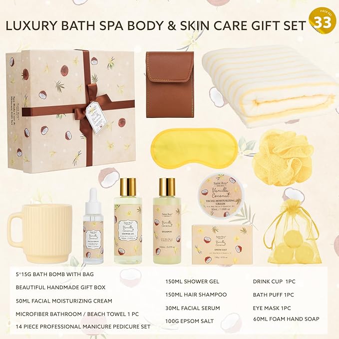 33 Pcs Coconut Vanilla Spa Gift Basket for Women & Men, Face Skin Care Set, XXL Bath & Body Set, Self Care Pamper Kit, Manicure Set, Birthday, Christmas, Valentines, Mother Day, Anniversary