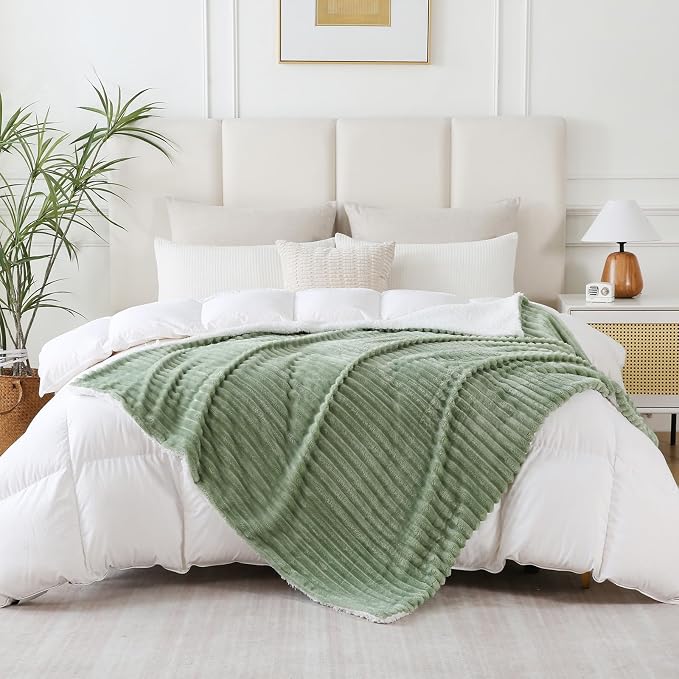 Sage Green Sherpa Fleece Throw Blanket 50”×60” for Couch Sofa Bed | Double Side Soft Fuzzy Cozy Plush Thick Flannel Blanket with Striped Design Gift for Adults,Woman