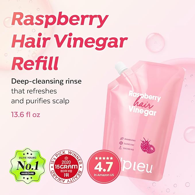 A’PIEU Raspberry Hair Vinegar [Refill] - Deep Scalp Clean & Detox for Oily Scalp, Buildup & Dandruff Scalp Treatment, pH-Balancing Rinse for Fresh, Shiny Hair, Korean Haircare, 6.76 fl oz