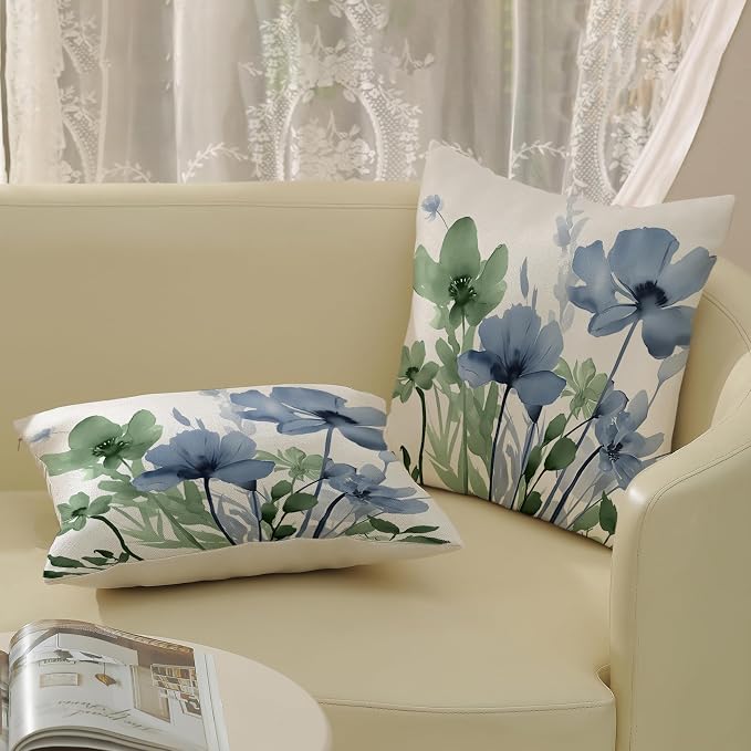 Spring Floral Pillow Covers 18x18 Inches Set of 2 Green Blue Floral Throw Pillow Covers Outdoor Rustic Summer Flower Decoration Pillowcase Farmhouse Decorative Cushion Cover For Home Couch Sofa