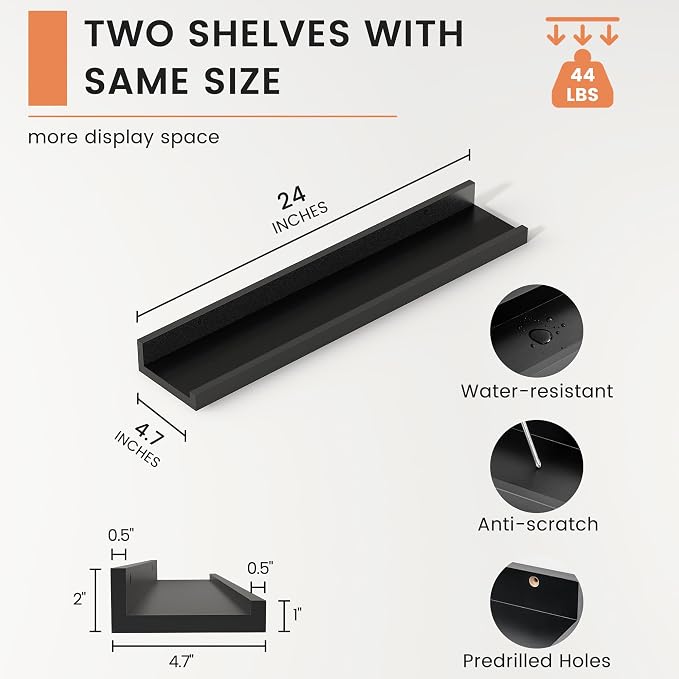 Picture Ledge Shelf, Floating Shelves for Wall, 24" W Set of 2, Black | FSC Certified Engineered Wood, Wall Mounted Bookshelf, for Nursery Living Room Bedroom, Pre-Drilled, Easy Install