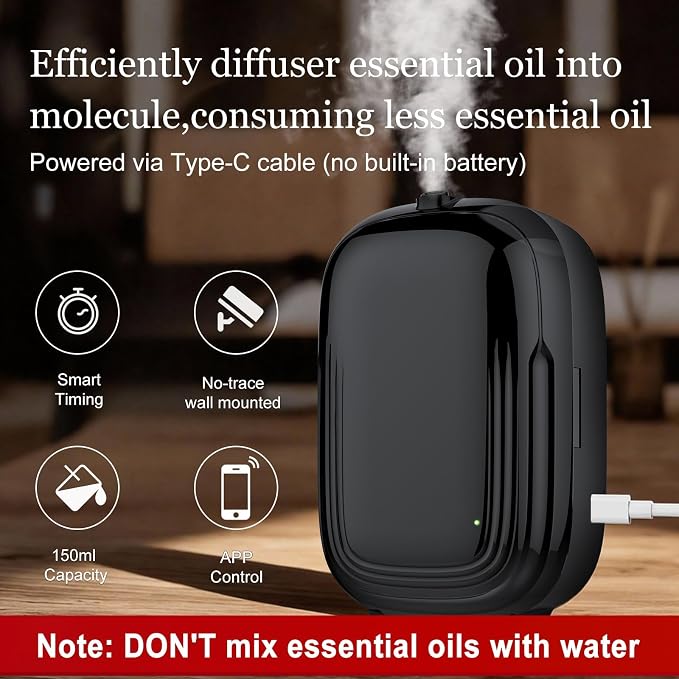 Waterless Oil Diffuser,Home Aromatherapy Scent Diffuser with APP & Timer|Whole House Oil Air Diffusers for Large Room,Office,Hotel Collection Use,Cover up to 1500 sq.ft-150ML,Compact,Quiet,Balck