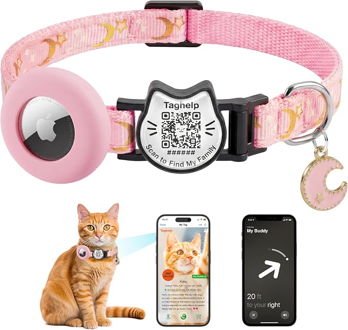 Breakaway Cat Collar with Integrated AirTag Holder & QR Code ID Tag - Reflective Safety Collar for Cats, Adjustable Lightweight Kitten Collar with smart tag,0.4" Width(Pink)