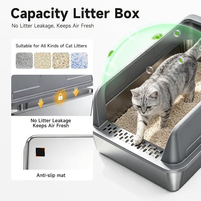 High-Sided Stainless Steel XL Cat Litter Box for Cats | High-Sided Design Prevents Urine Leakage,Non-Stick,Easy to Clean,Includes Scoop,Dark gray