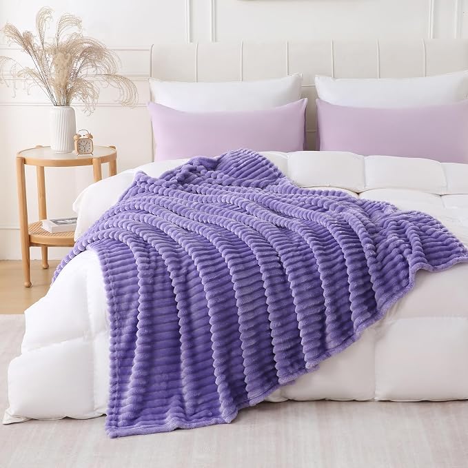 Lavender Throw Blanket for Couch Sofa 50x60 inches Striped Design | Fleece Blankets Room Home Decor Lightweight Plush Soft Cozy Gifts for Women Mom