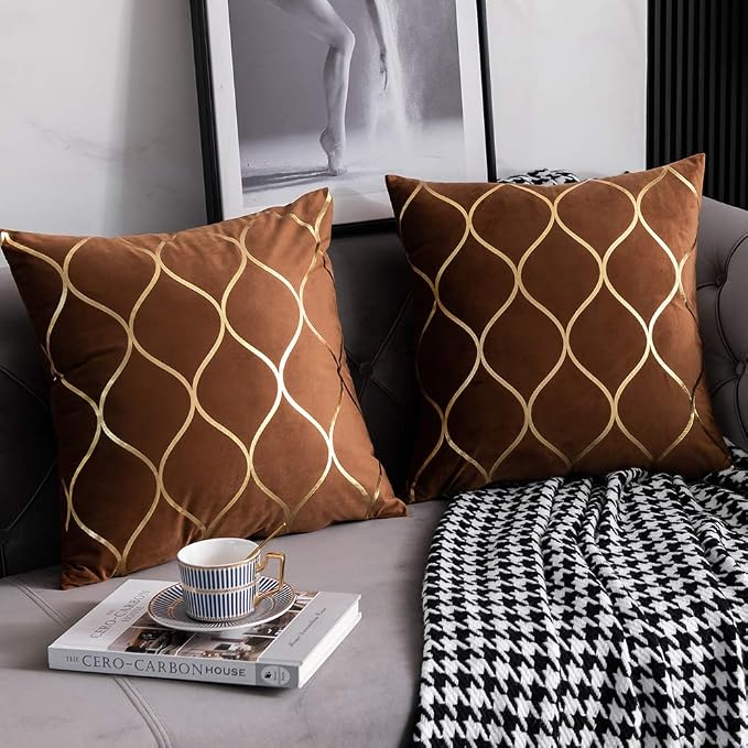 Gold Velvet Throw Pillow Covers: 2 Pack 20x20 Inch Square Decorative Pillow Cases for Bedroom Sofa Couch Living Room, Light Brown