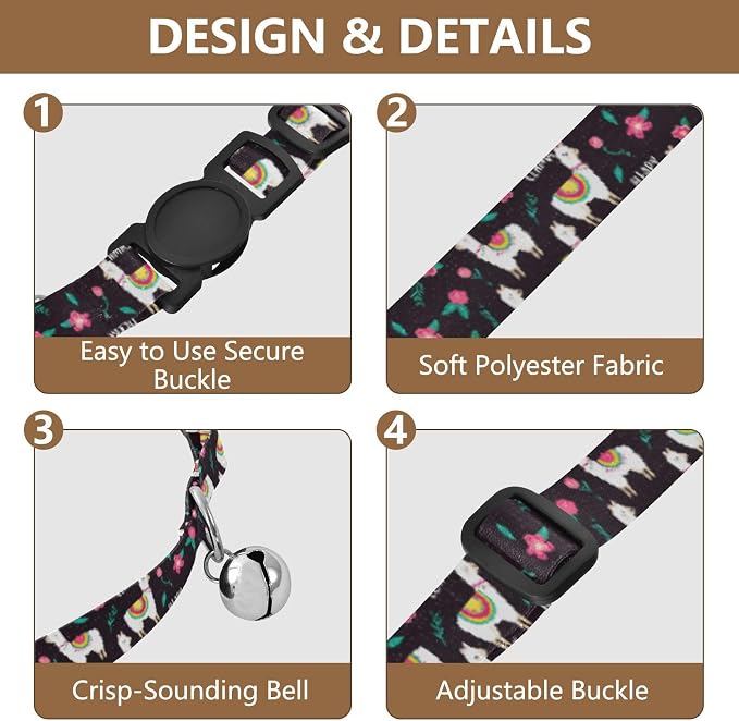 2 Pack Cat Collar Cute Llamas Striped Floral Breakaway Cat Collars with Bell, Adjustable Length 10.6" to 17.1"