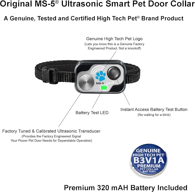 High Tech Pet Genuine MS-5® Automatic Smart Pet Door Collar, Tested & Certified for All Power Pet Doors - Water Proof, Battery Included, Complies with Power Pet Door Performance Warranty